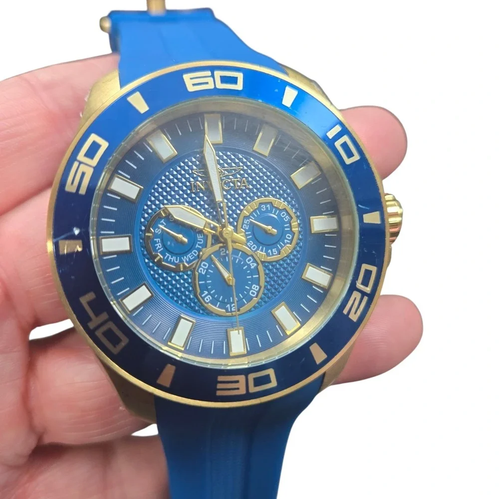 Invicta Pro Diver Men's Watch 28002 Chronograph Gold Stainless Blue Strap VIDEO!
